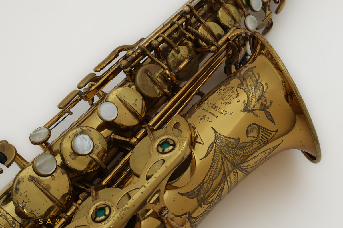 Selmer Mark VI alto saxophone close-up of bell logo and engraving