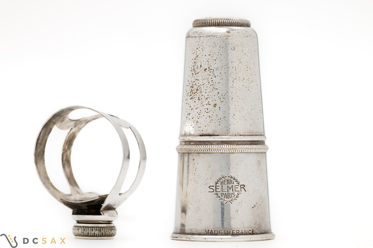 1950's Selmer Single Screw Alto Saxophone Ligature and Cap Set, Silver Plated