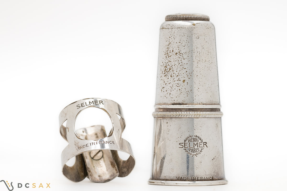 1950's Selmer Single Screw Alto Saxophone Ligature and Cap Set, Silver Plated