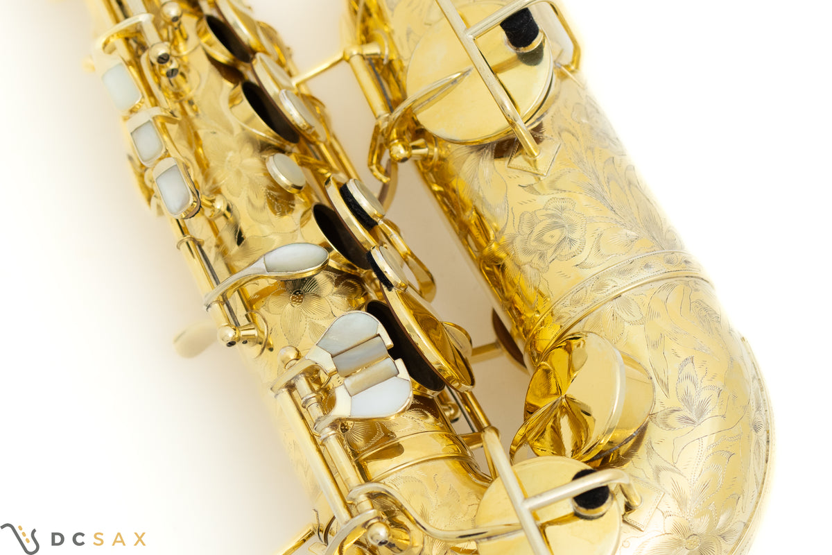 希少 1929年製 King Voll-True "King De Luxe" アルトサックス、金メッキ、フルパール、精巧な彫刻、動画あり