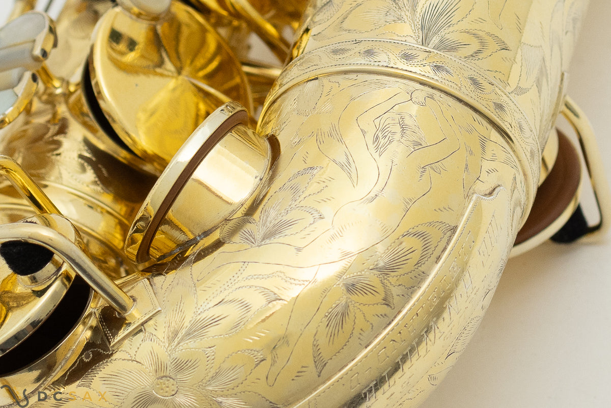 希少 1929年製 King Voll-True "King De Luxe" アルトサックス、金メッキ、フルパール、精巧な彫刻、動画あり