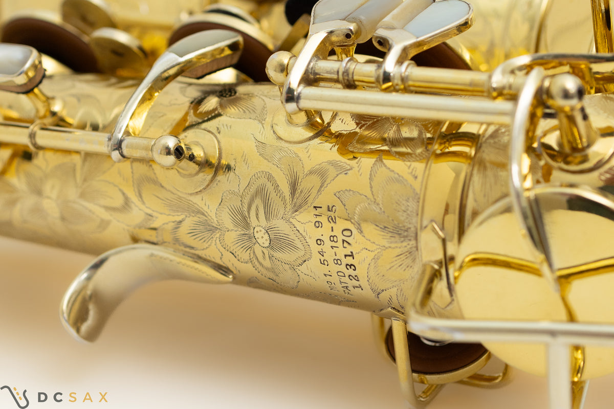 希少 1929年製 King Voll-True "King De Luxe" アルトサックス、金メッキ、フルパール、精巧な彫刻、動画あり