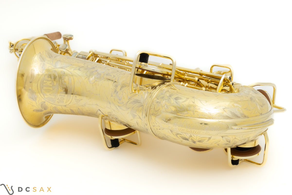 希少 1929年製 King Voll-True "King De Luxe" アルトサックス、金メッキ、フルパール、精巧な彫刻、動画あり