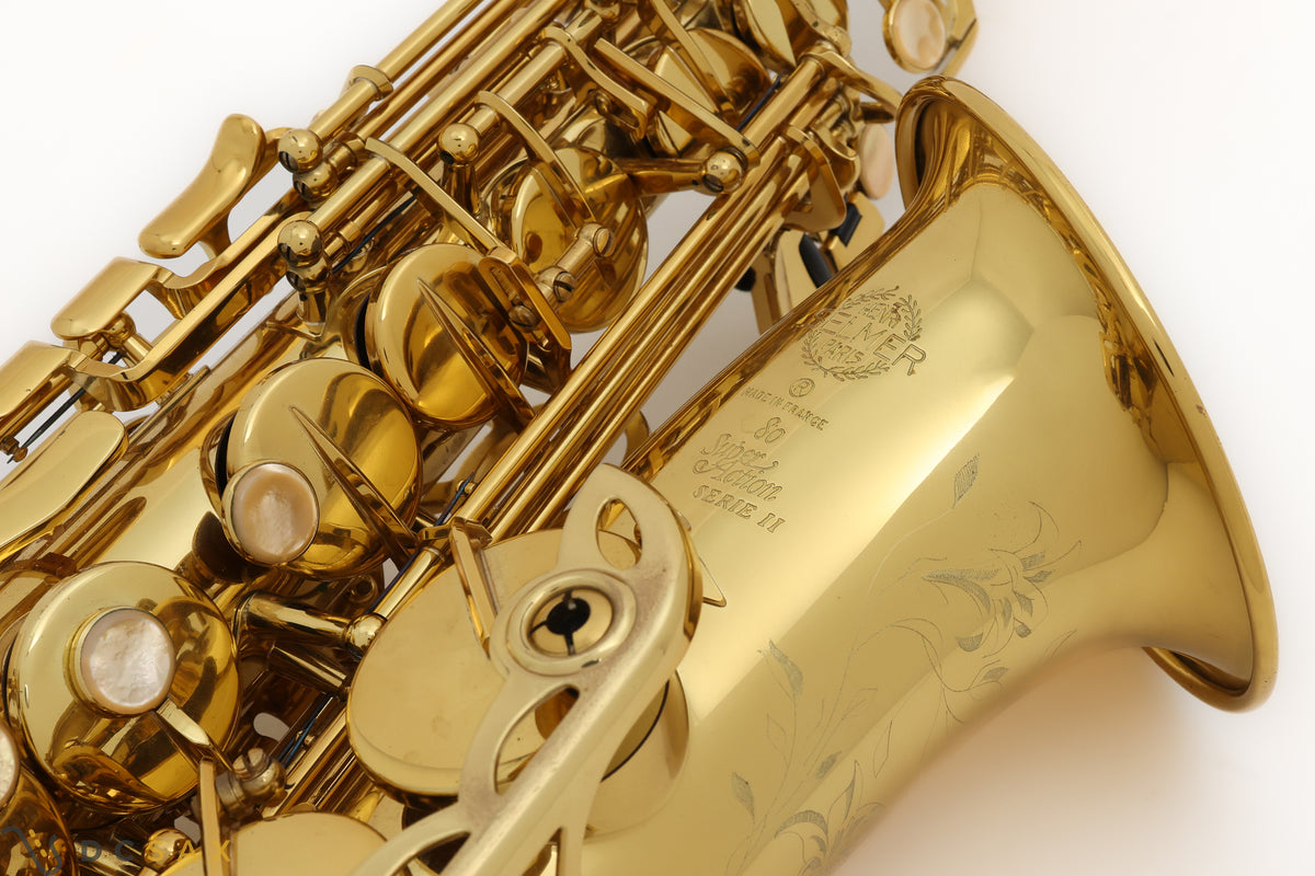 Selmer Jubilee Series II alto saxophone close-up of bell, logo and engraving
