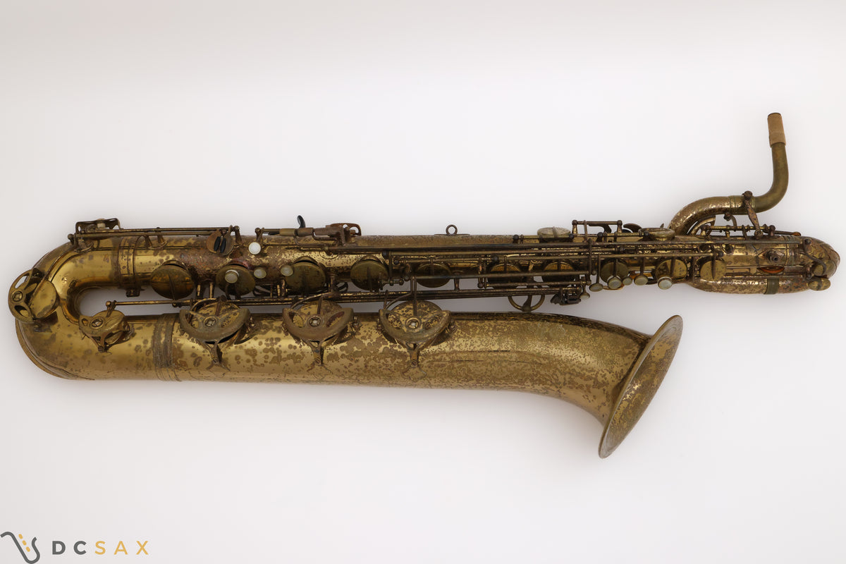 Selmer Mark VI baritone saxophone low A overhead shot showing the keywork and bell and logo