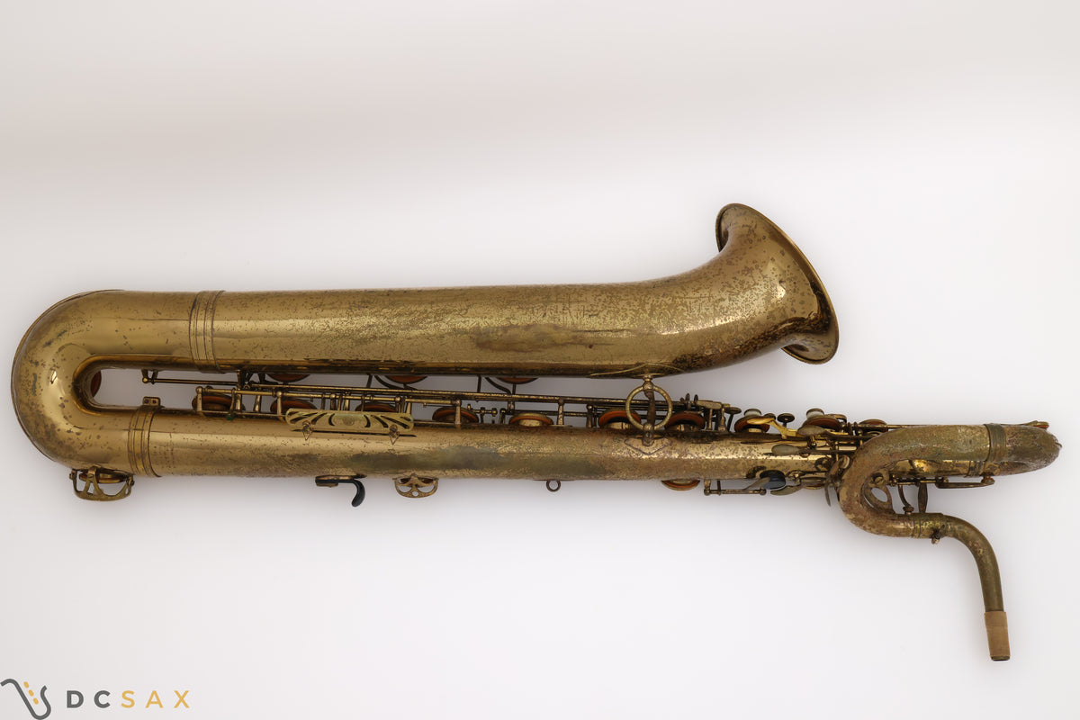 Selmer Mark VI baritone saxophone low A overhead shot of the back of the saxophone