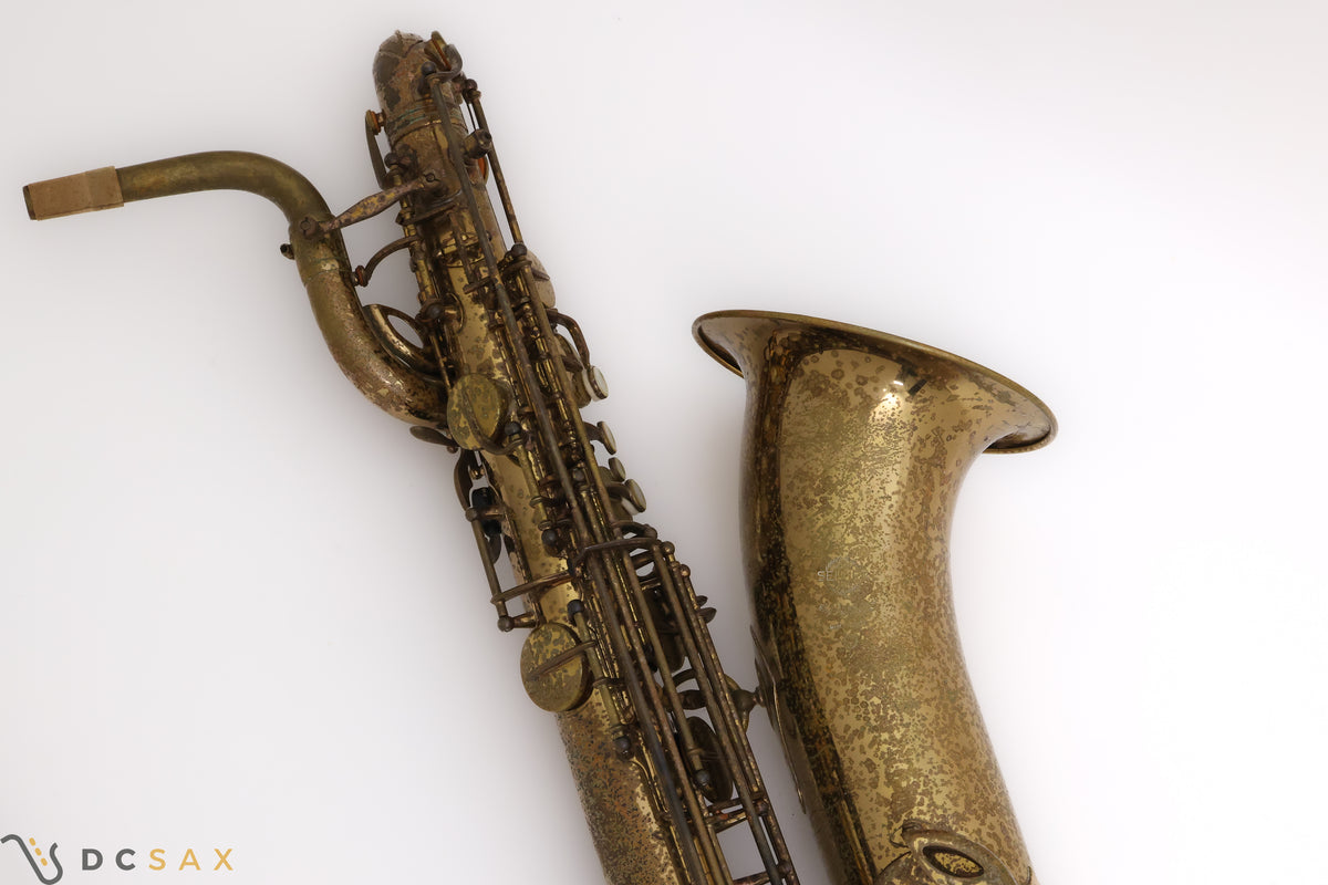 Selmer Mark VI baritone saxophone low A overhead shot of the logo and bell