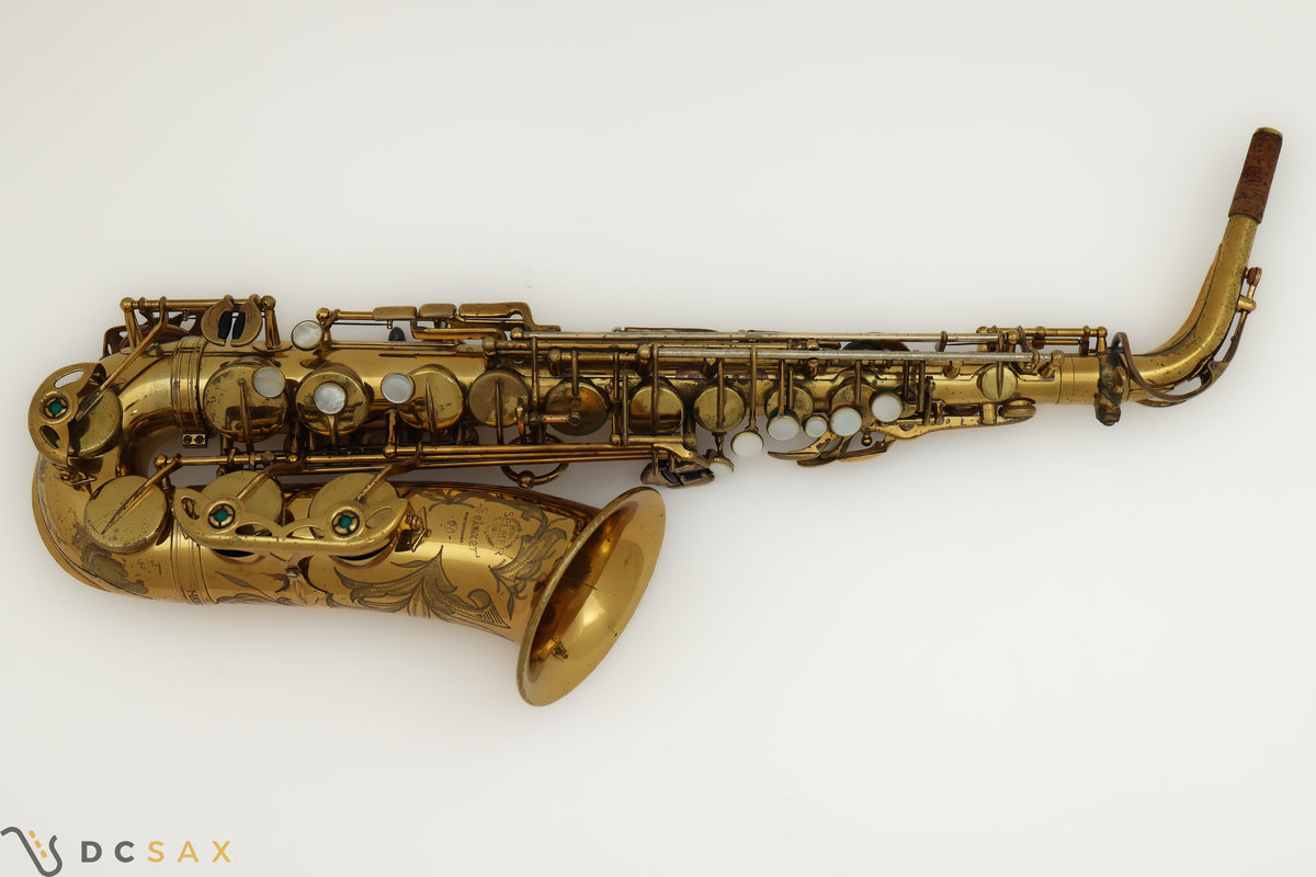 Selmer Mark VI alto saxophone overhead shot showing keywork and bell engraving